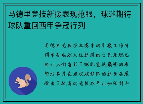 马德里竞技新援表现抢眼，球迷期待球队重回西甲争冠行列